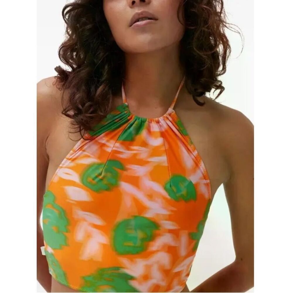 GANNI Bikini Top Longline Halter neck Stretch Printed Orange Green Size 38 B-C M
